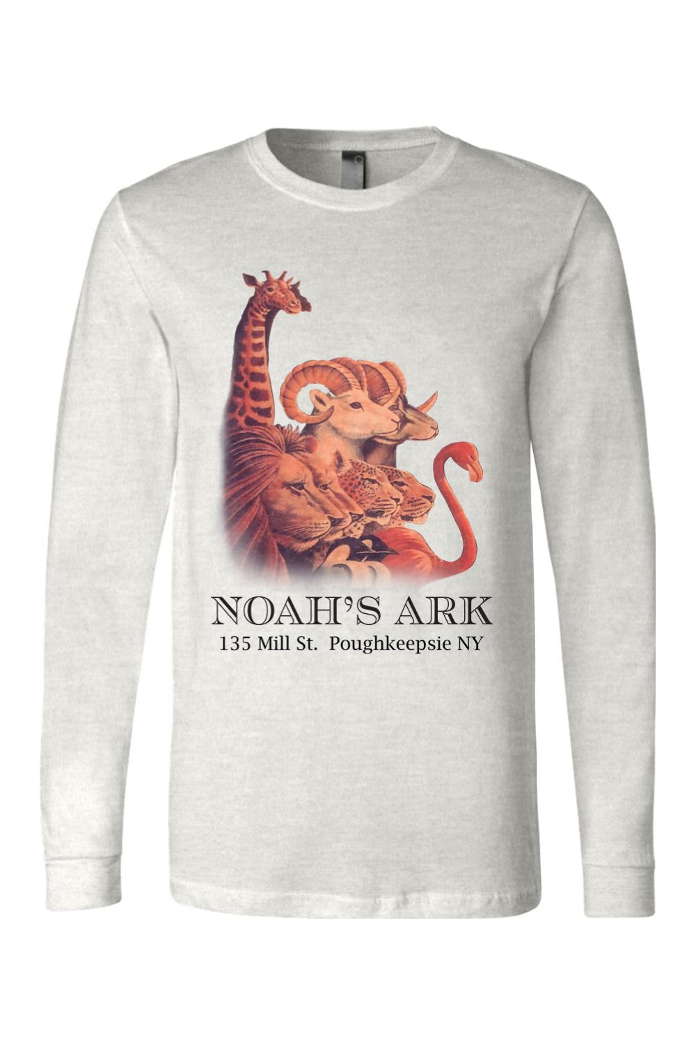 Light gray long-sleeve cotton tee featuring a colorful Noah's Ark animal graphic and text on the chest.