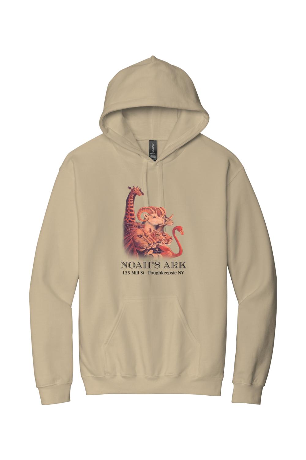 Tan midweight hoodie featuring a Noah's Ark animal graphic and text on the front with a drawstring hood and pouch pocket.