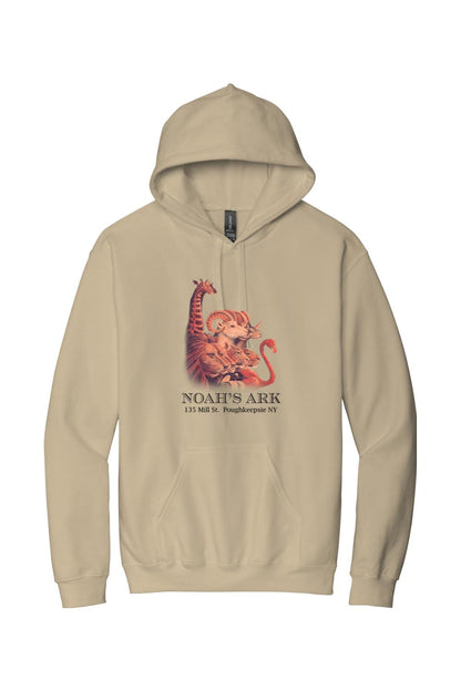 Tan midweight hoodie featuring a Noah's Ark animal graphic and text on the front with a drawstring hood and pouch pocket.