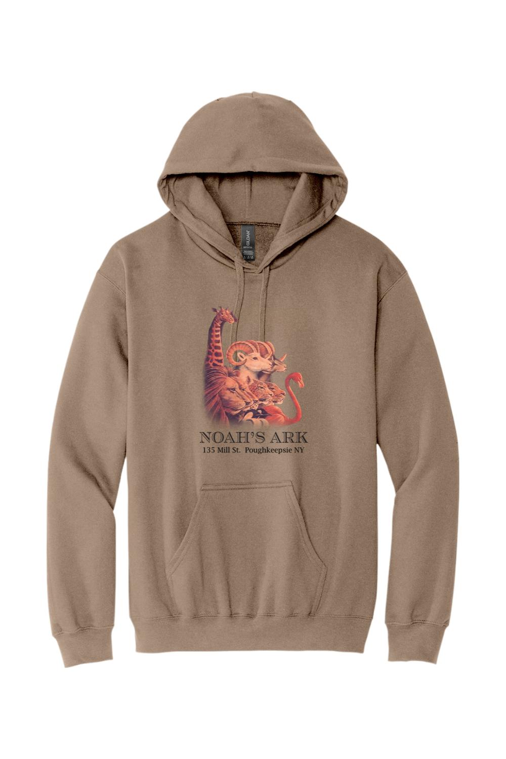 Brown midweight hoodie featuring a Noah's Ark animal graphic and text on the front with a front kangaroo pocket.