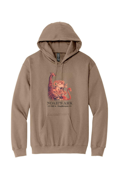 Brown midweight hoodie featuring a Noah's Ark animal graphic and text on the front with a front kangaroo pocket.