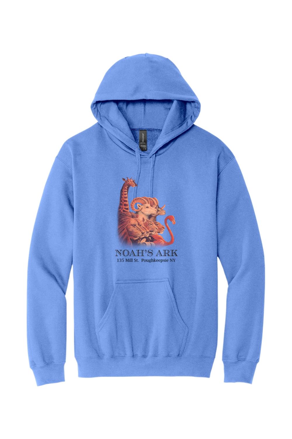 Blue midweight hoodie featuring a Noah's Ark animal graphic and text on the front with a drawstring hood.