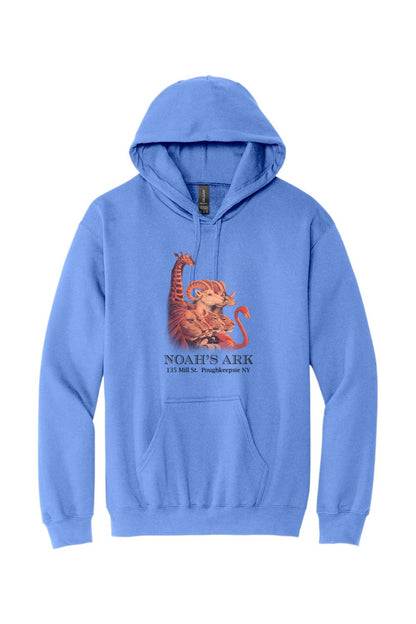 Blue midweight hoodie featuring a Noah's Ark animal graphic and text on the front with a drawstring hood.
