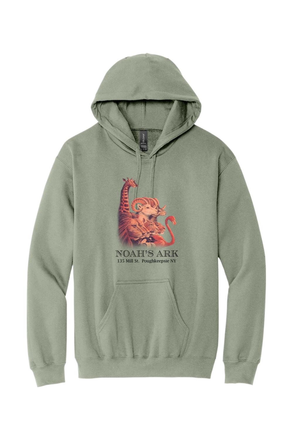 Sage green midweight hoodie featuring a Noah's Ark animal graphic and text on the front with a front pouch pocket.