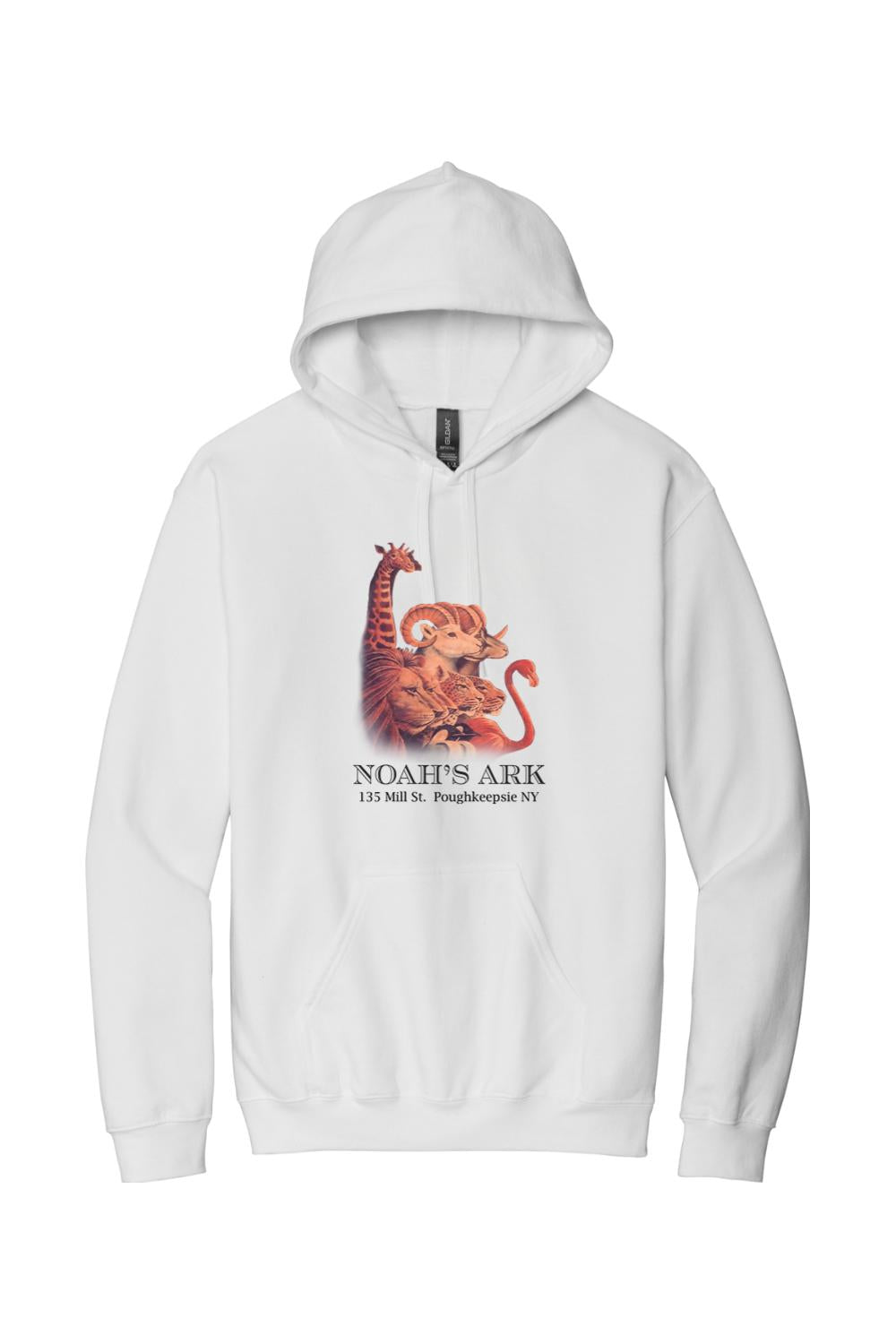 White midweight hoodie featuring a colorful Noah's Ark animal graphic and text on the front.