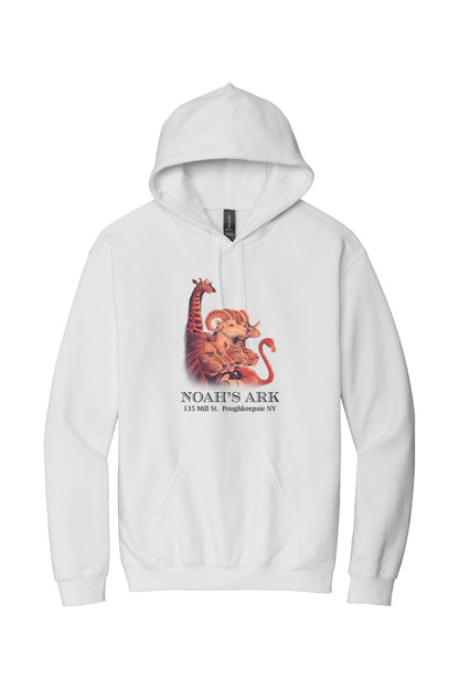 White midweight hoodie featuring a colorful Noah's Ark animal graphic and text on the front.