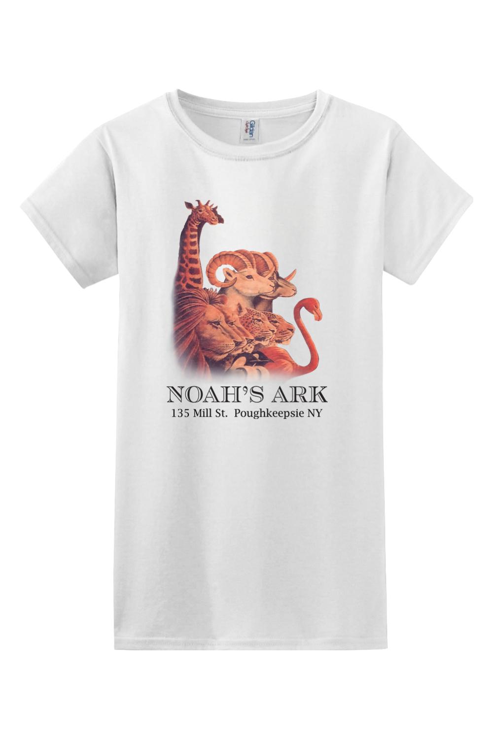 White women's cotton tee featuring a colorful Noah's Ark animal graphic and text on the front.