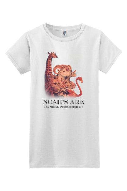 White women's cotton tee featuring a colorful Noah's Ark animal graphic and text on the front.