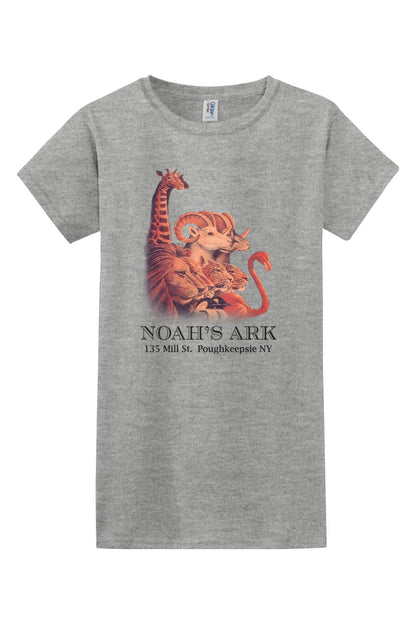 Grey women's cotton tee featuring a colorful Noah's Ark animal graphic and text on the front.