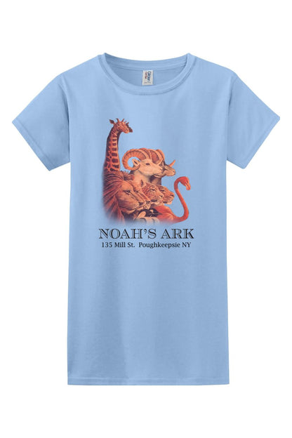 Light blue women's cotton tee featuring a colorful Noah's Ark animal graphic and text on the front.