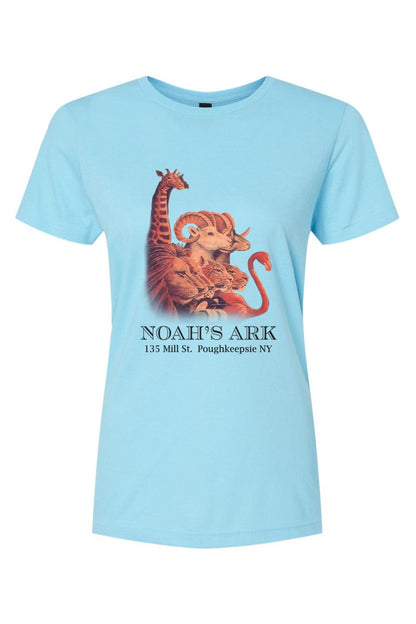Light blue women's cotton tee featuring a colorful Noah's Ark animal graphic and text on the front.