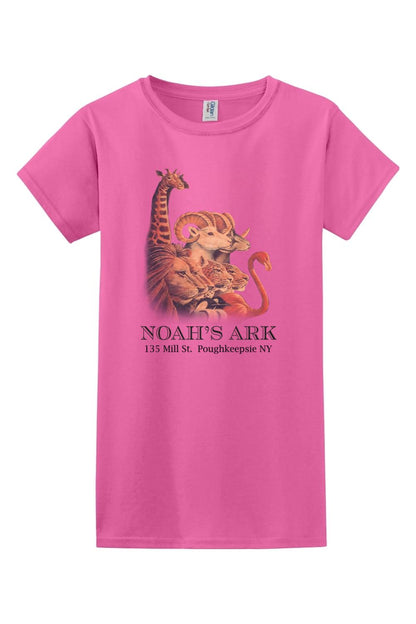 Bright pink women's cotton t-shirt featuring a colorful Noah's Ark animal graphic and text on the front.