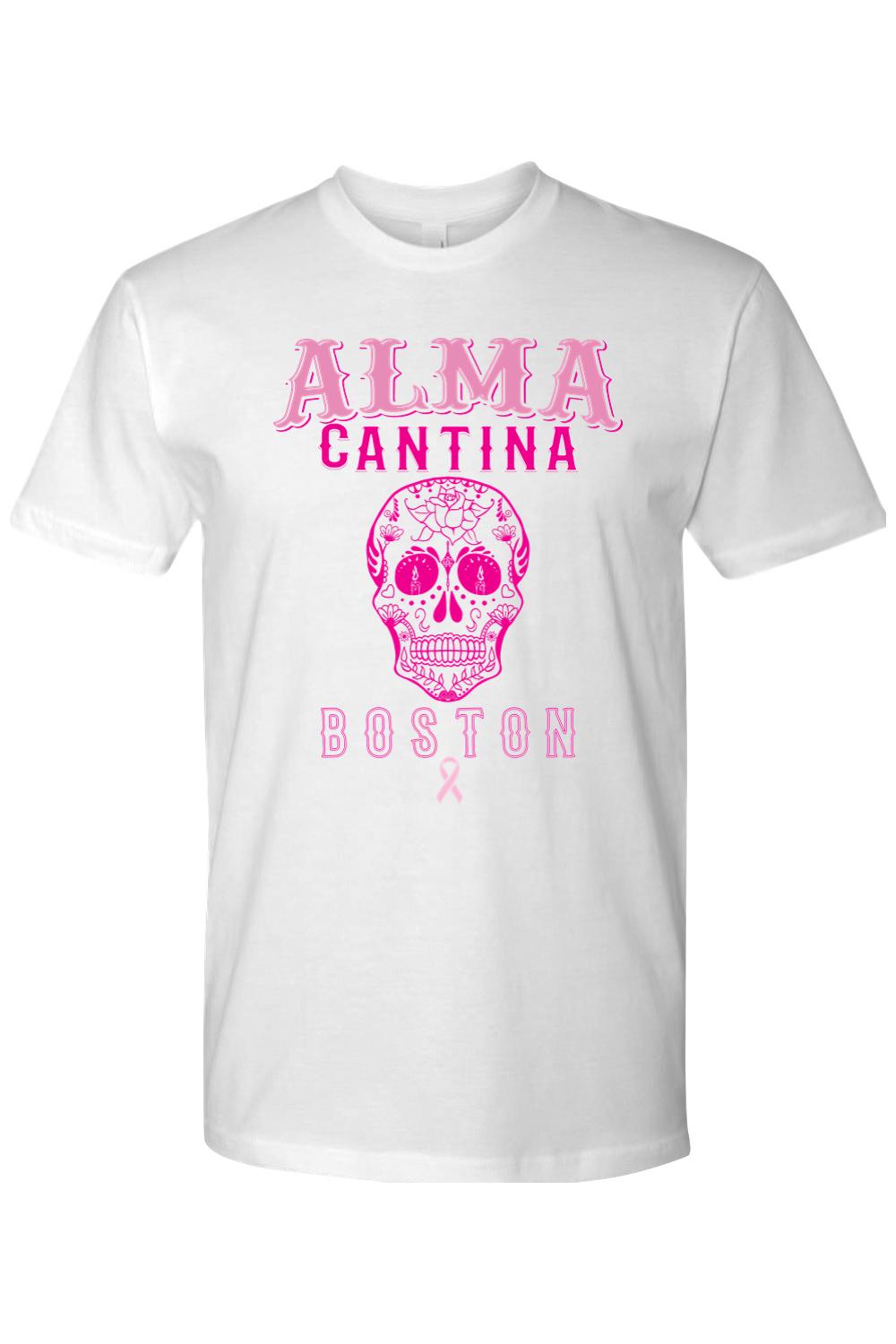 White cotton crew neck t-shirt featuring a pink Alma Cantina sugar skull graphic and Boston text.