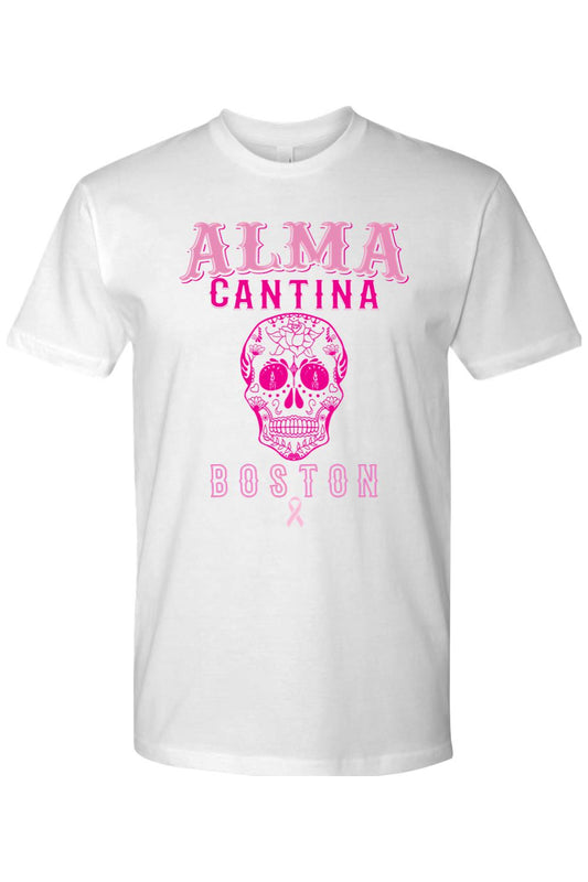 White cotton crew neck t-shirt featuring a pink Alma Cantina sugar skull graphic and Boston text.