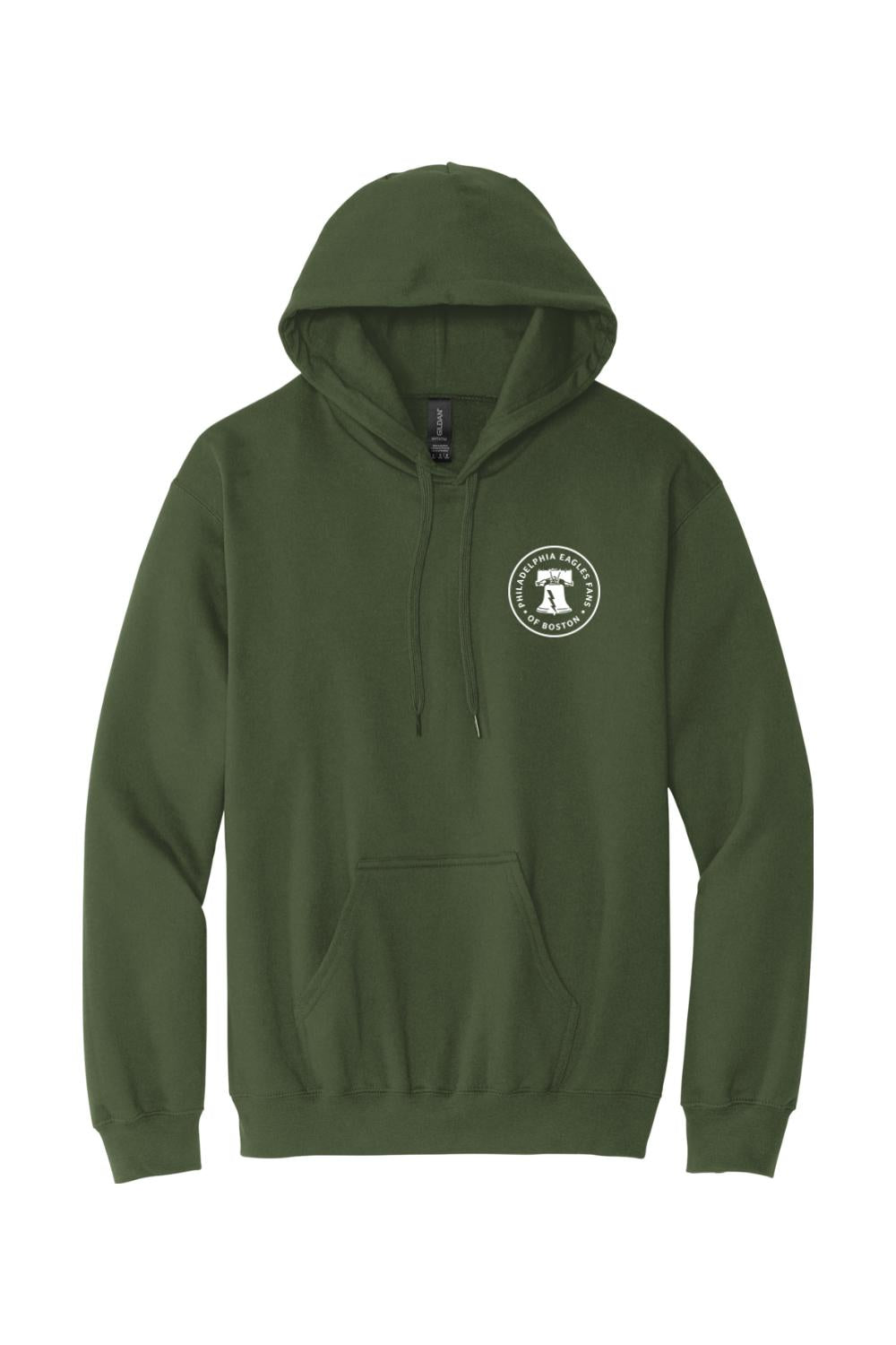 Olive green cotton-blend hoodie featuring a white Philadelphia Eagles of Boston logo on the left chest.