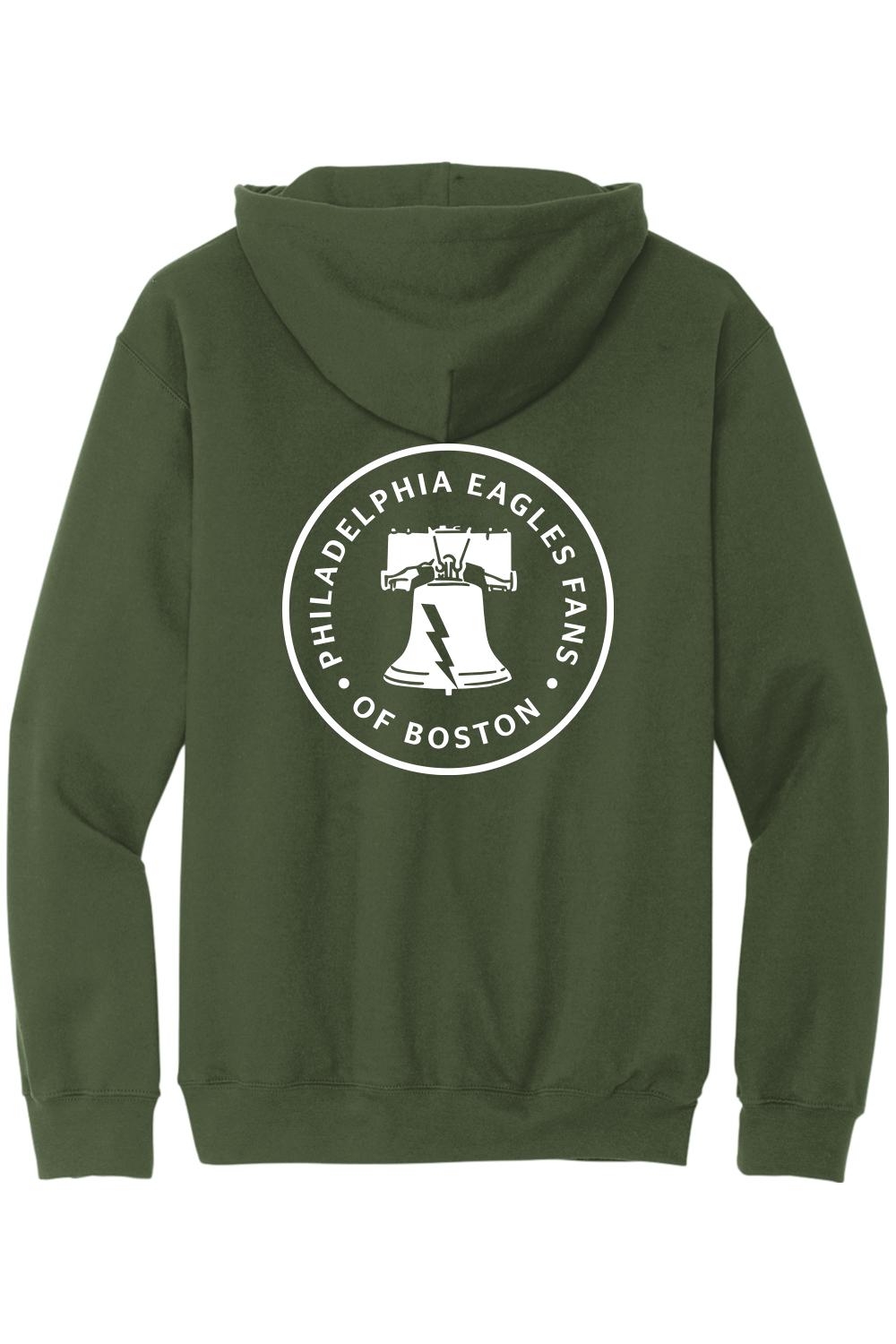 Olive green cotton hoodie featuring a white Philadelphia Eagles of Boston logo with a Liberty Bell on the back.