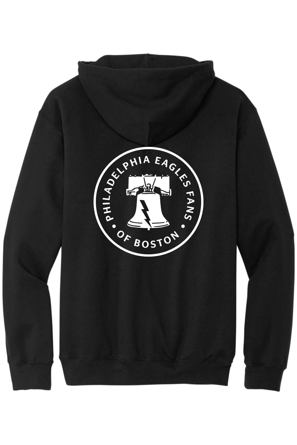 Black cotton hoodie featuring a white Philadelphia Eagles of Boston logo printed on the back.