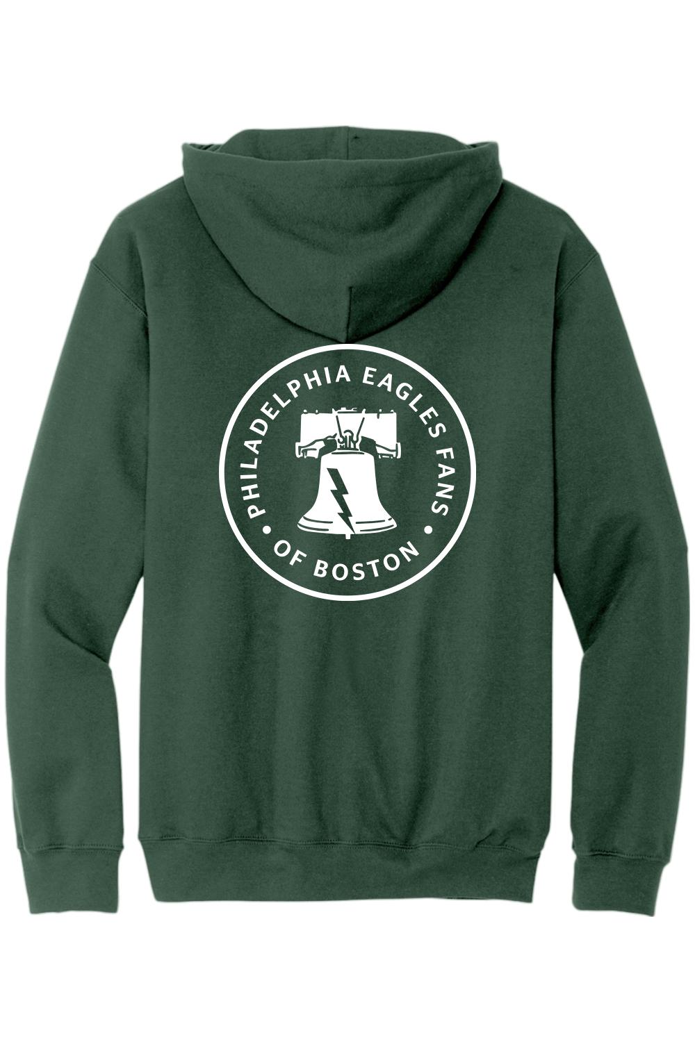 Dark green cotton hoodie featuring a white Philadelphia Eagles of Boston logo with a Liberty Bell on the back.