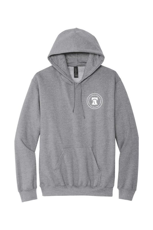 Sport grey cotton-blend hoodie featuring a white PEFoB logo on the front chest and a drawstring hood.
