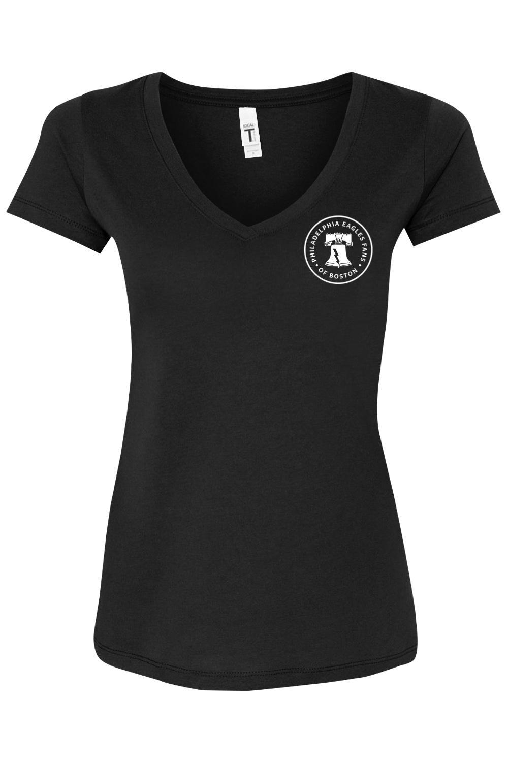 Women's black cotton V-neck T-shirt featuring a white Philadelphia Eagles Fans of Boston logo on the chest.