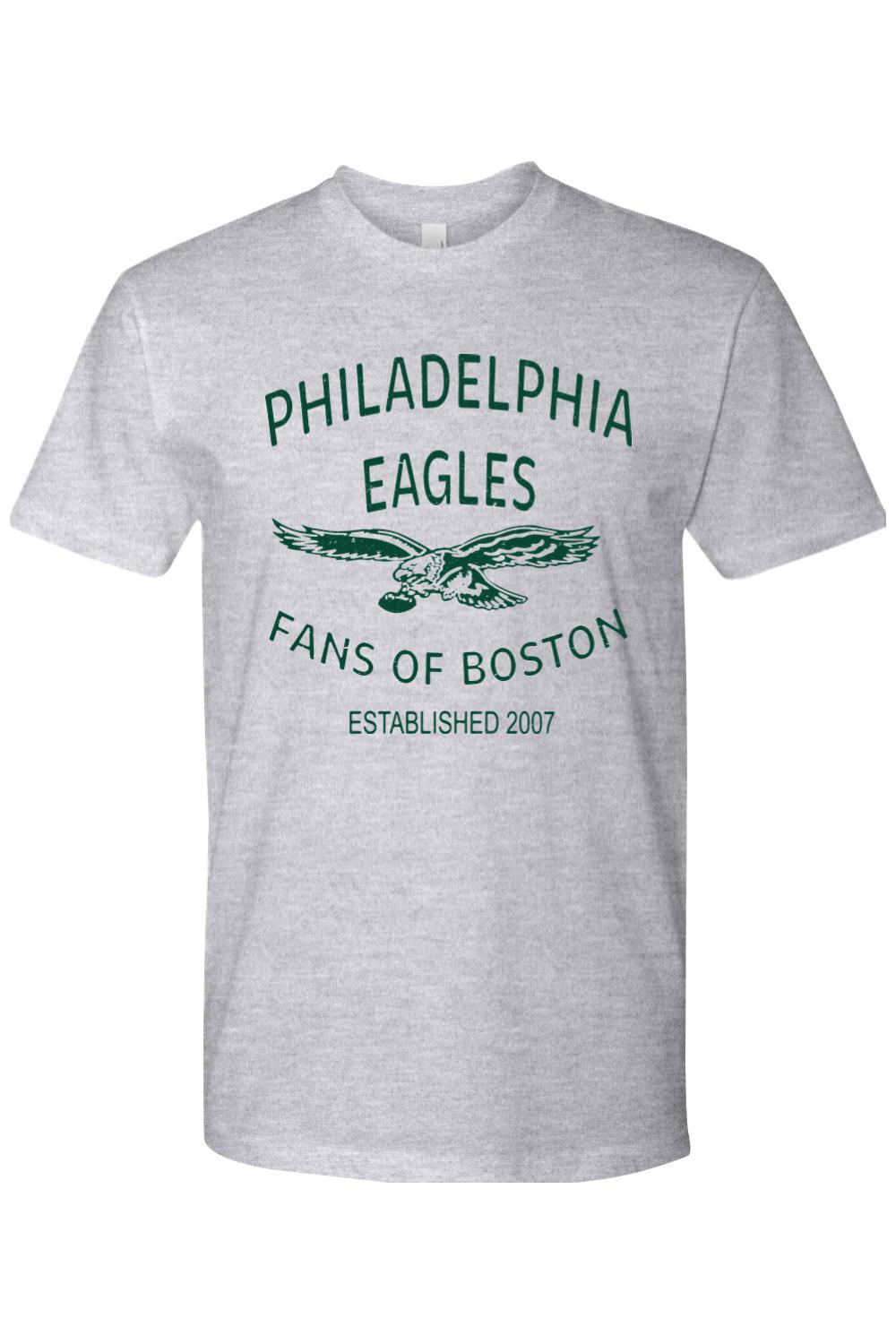 Grey cotton crewneck t-shirt featuring a vintage Philadelphia Eagles Fans of Boston graphic in dark green.