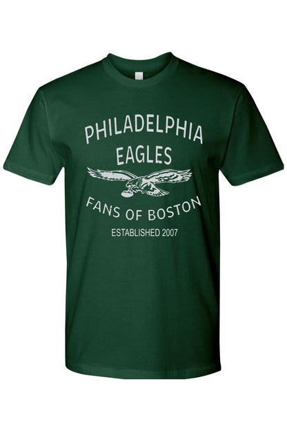 Forest green cotton crewneck t-shirt featuring a white Philadelphia Eagles Fans of Boston graphic logo.