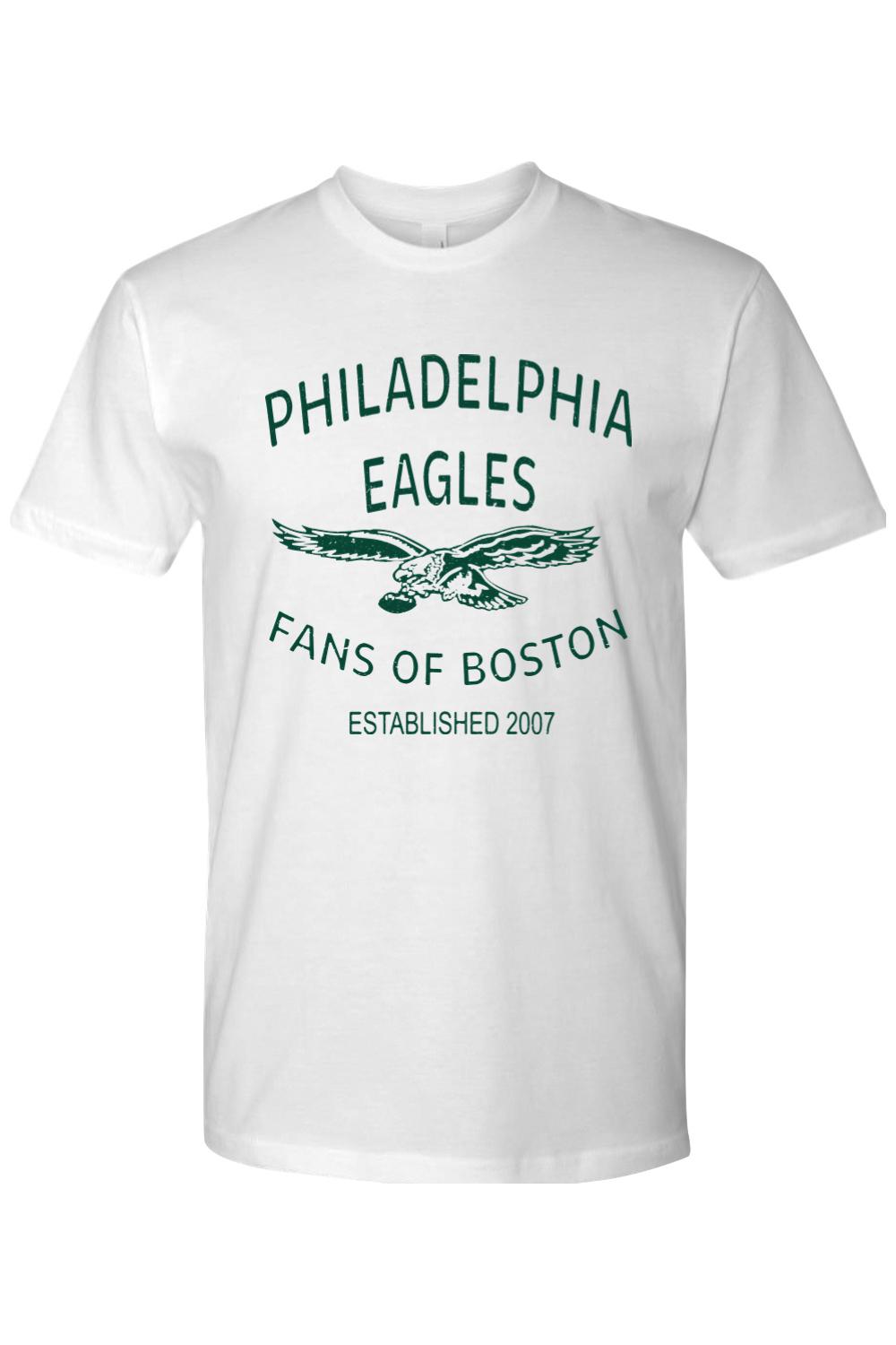 White cotton crewneck t-shirt featuring a green Philadelphia Eagles Fans of Boston retro graphic logo.