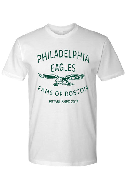 White cotton crewneck t-shirt featuring a green Philadelphia Eagles Fans of Boston retro graphic logo.