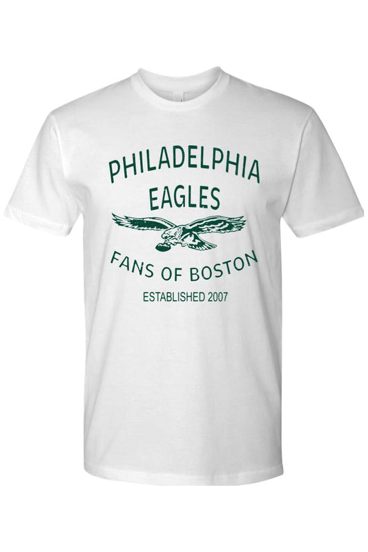 White cotton crewneck t-shirt featuring a green Philadelphia Eagles Fans of Boston retro graphic logo.