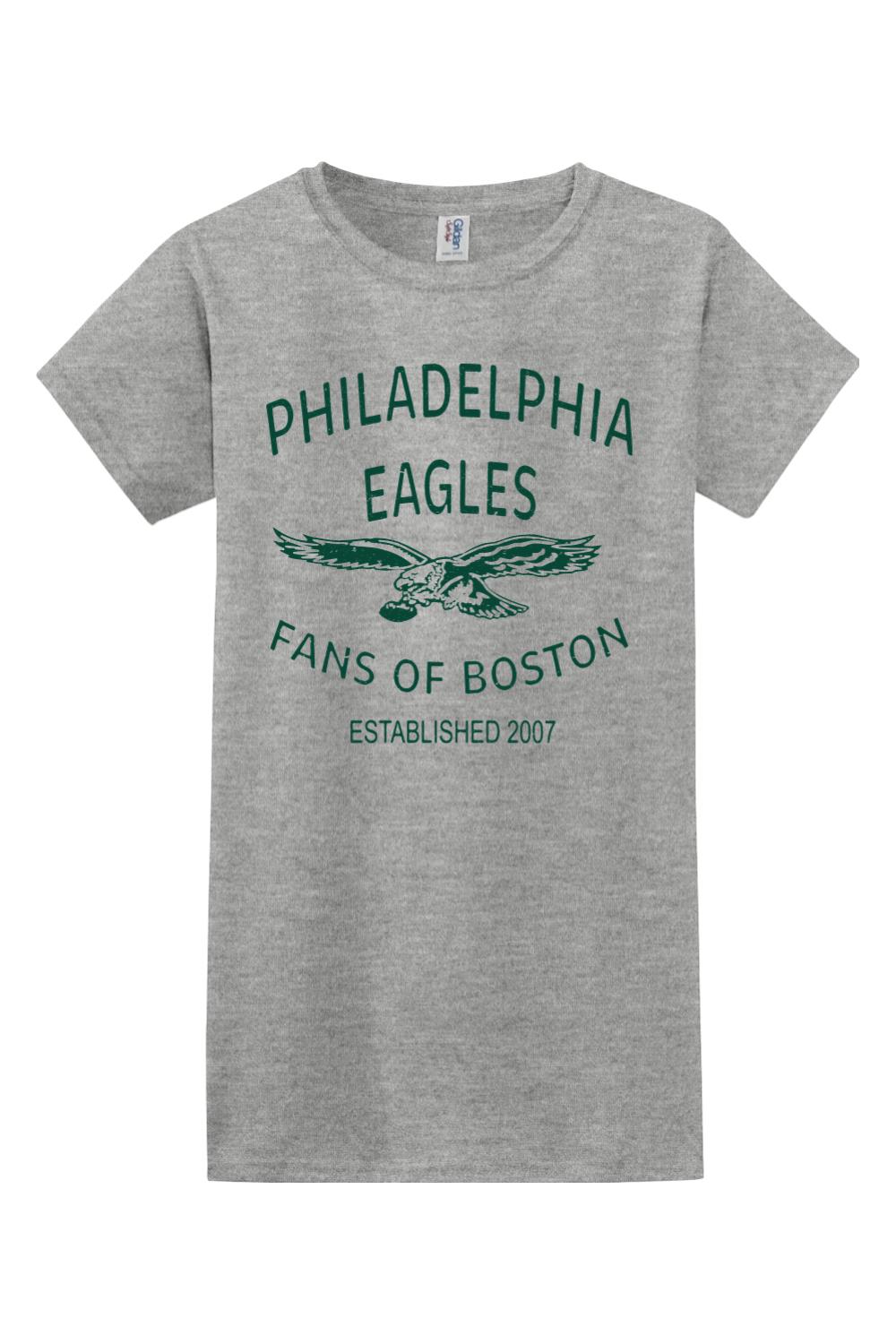 Women's sport grey cotton-blend t-shirt featuring a green Philadelphia Eagles Fans of Boston throwback graphic.