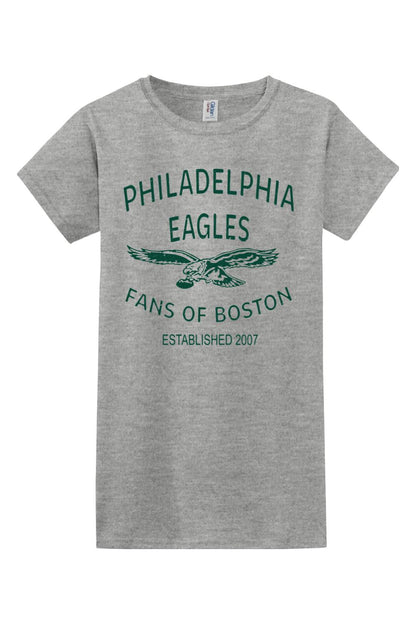 Women's sport grey cotton-blend t-shirt featuring a green Philadelphia Eagles Fans of Boston throwback graphic.