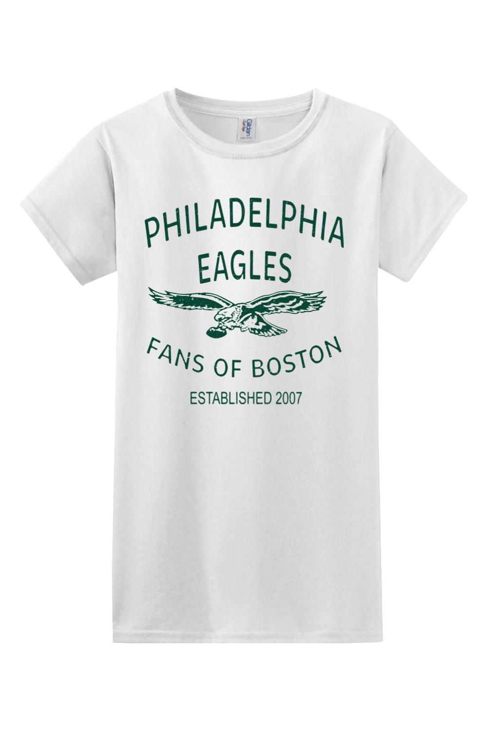 White women's cotton t-shirt featuring a green Philadelphia Eagles Fans of Boston throwback graphic print.