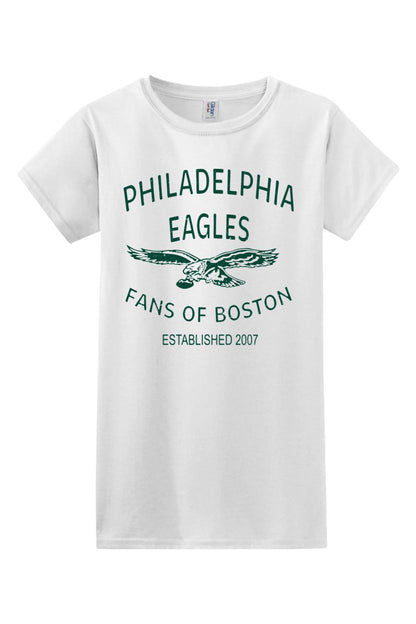 White women's cotton t-shirt featuring a green Philadelphia Eagles Fans of Boston throwback graphic print.