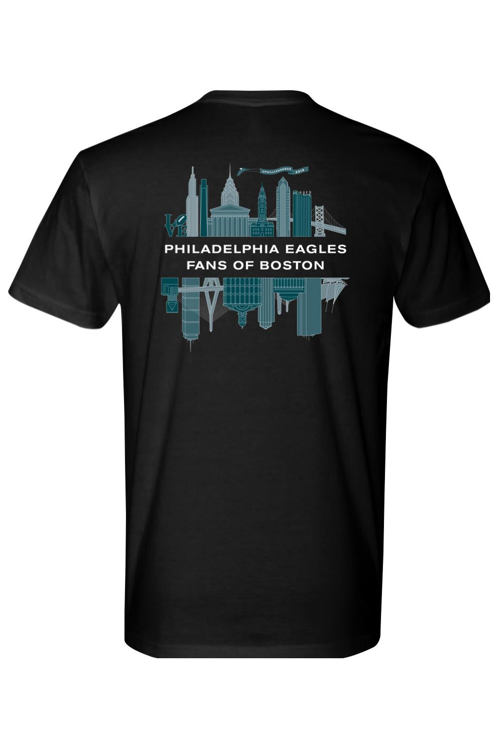 Black cotton t-shirt featuring a blue and white Philadelphia and Boston skyline graphic on the back.