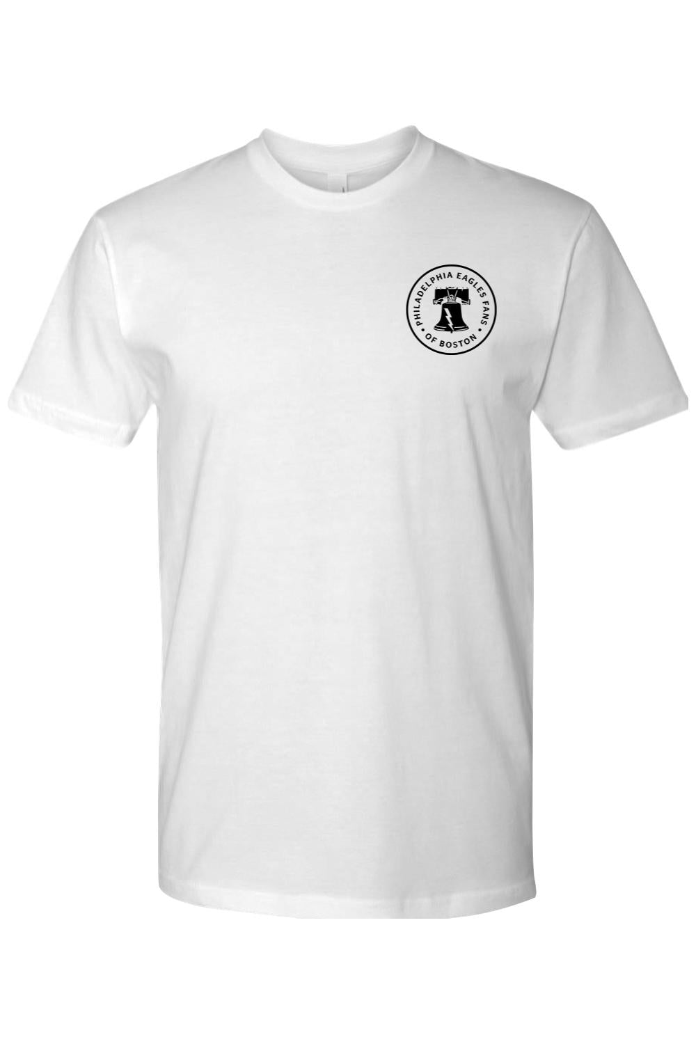 White cotton crew neck t-shirt featuring a black circular graphic of the Liberty Bell on the left chest.