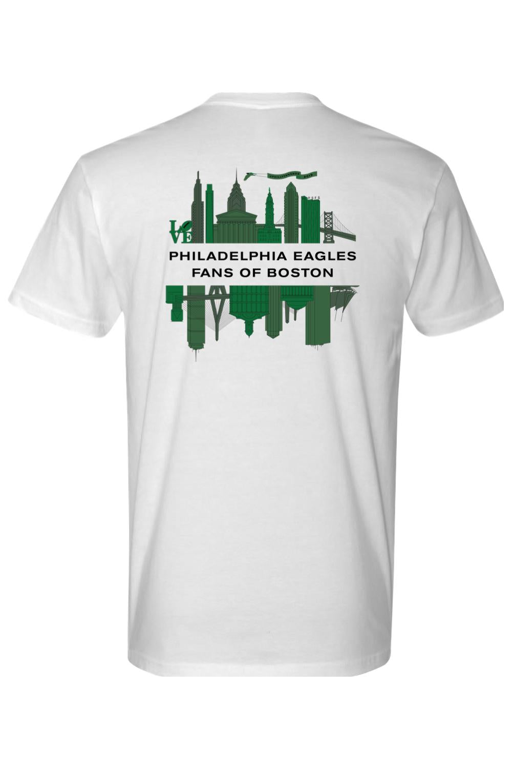 White cotton t-shirt featuring a green Philadelphia and Boston skyline graphic with Philadelphia Eagles Fans of Boston text.