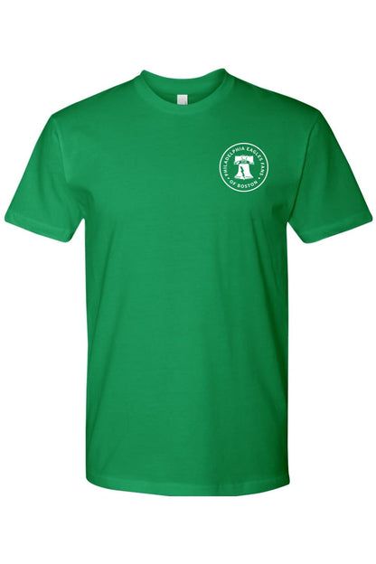 Green cotton crewneck t-shirt featuring a white circular Philadelphia Eagles Fans of Boston logo on the chest.