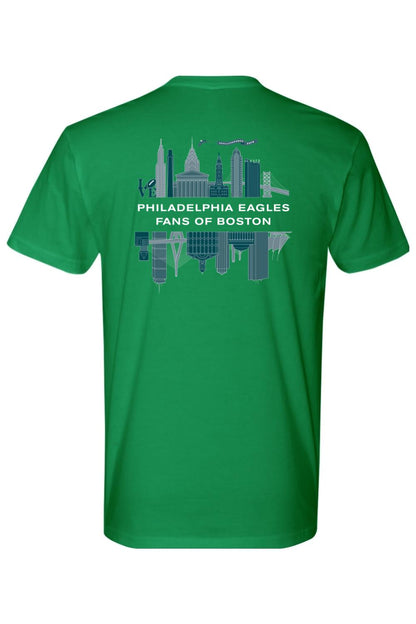 Green cotton t-shirt featuring a Philadelphia and Boston skyline graphic with the text Philadelphia Eagles Fans of Boston.