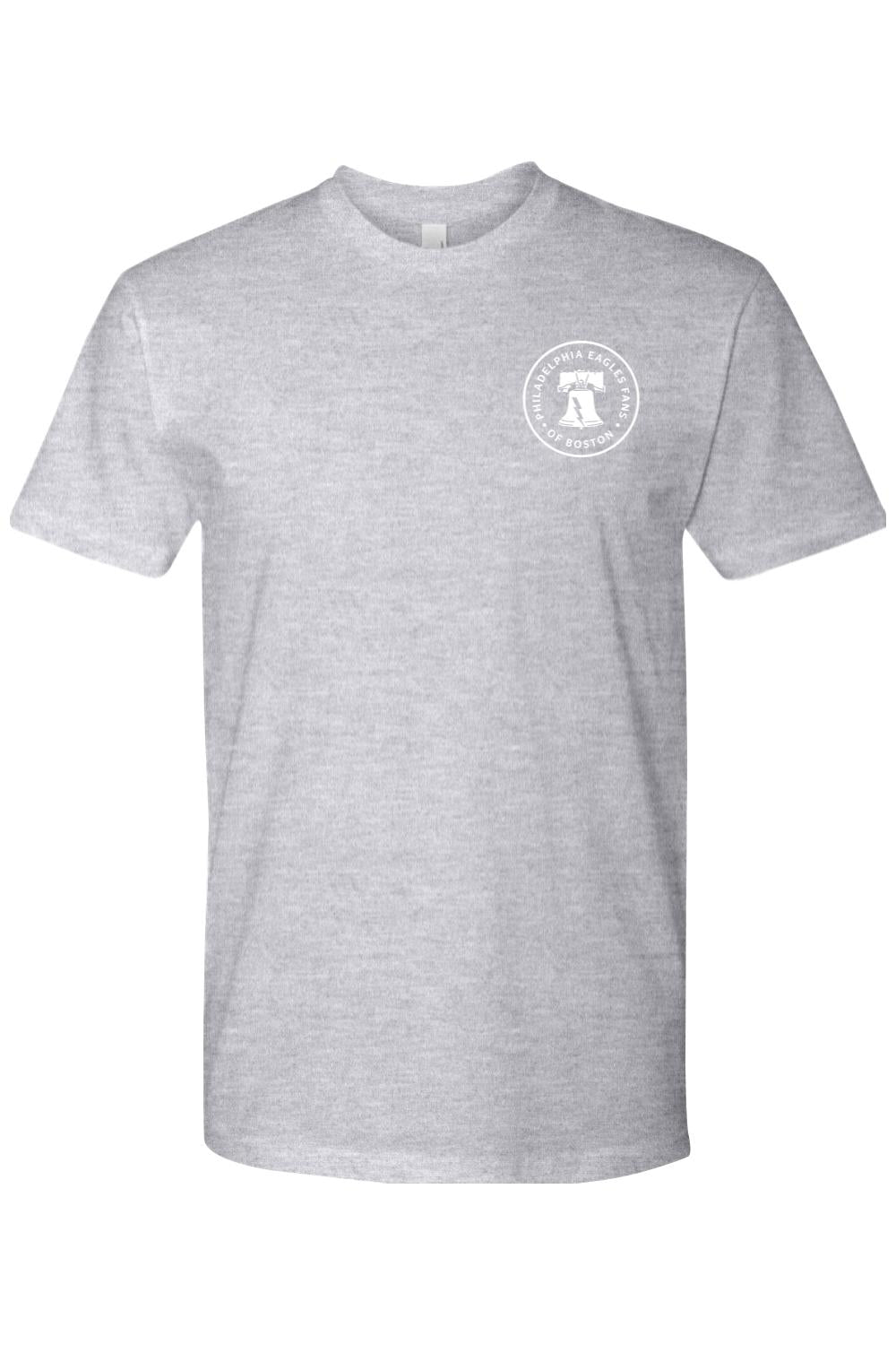 Grey cotton crewneck t-shirt featuring a white circular Philadelphia Eagles Fans of Boston graphic on the chest.