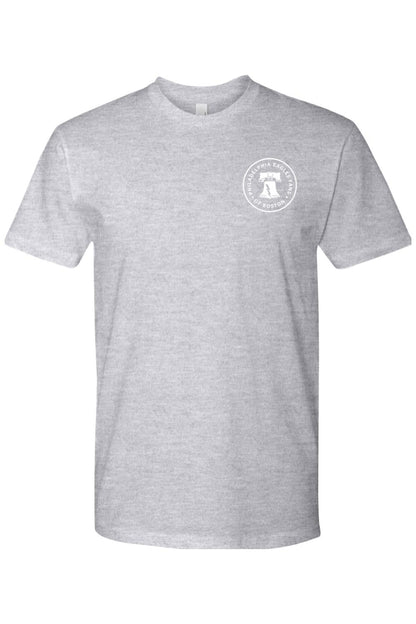 Grey cotton crewneck t-shirt featuring a white circular Philadelphia Eagles Fans of Boston graphic on the chest.