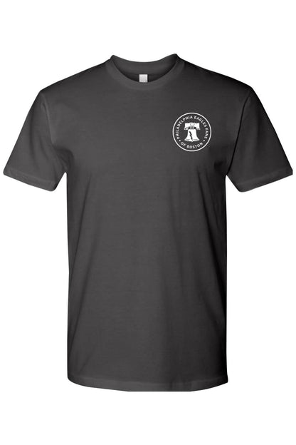 Charcoal grey cotton crewneck t-shirt featuring a circular Philadelphia Eagles Fans of Boston logo on the chest.