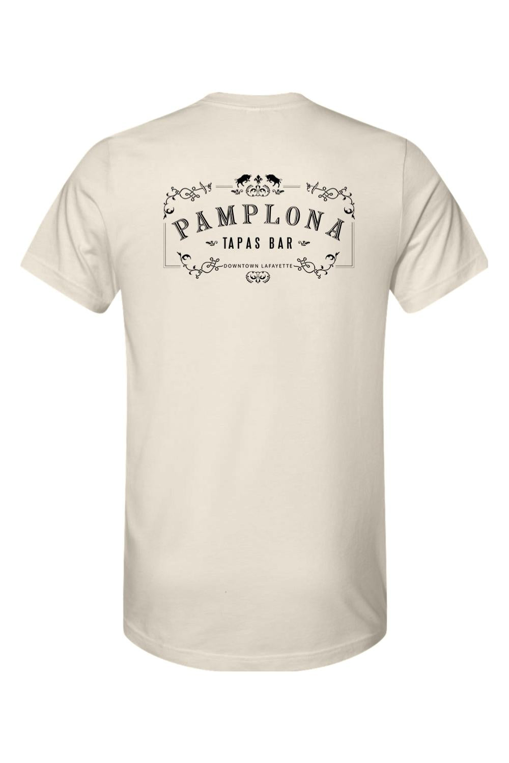 Cream-colored cotton t-shirt featuring a black Pamplona Tapas Bar graphic with ornate scrollwork on the back.