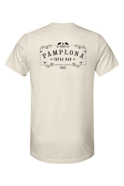 Cream-colored cotton t-shirt featuring a black Pamplona Tapas Bar graphic with ornate scrollwork on the back.