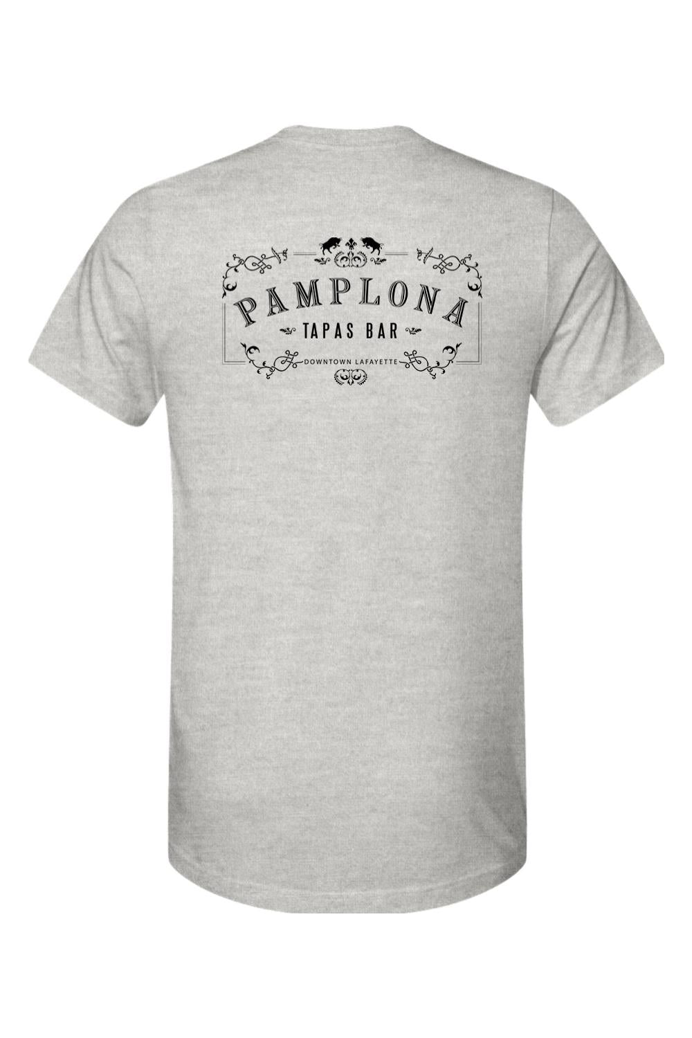 Light grey cotton t-shirt featuring a black Pamplona Tapas Bar logo and decorative scrollwork on the back.