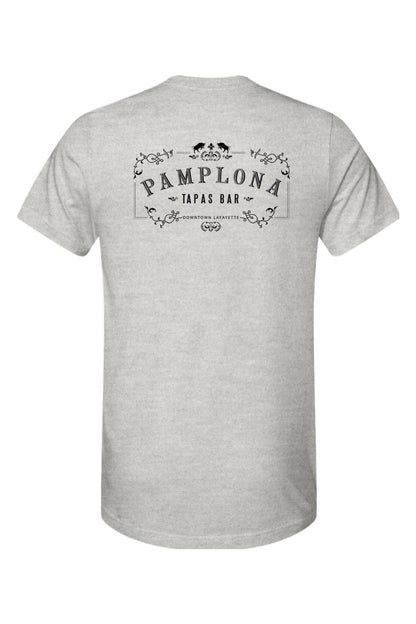 Light grey cotton t-shirt featuring a black Pamplona Tapas Bar logo and decorative scrollwork on the back.