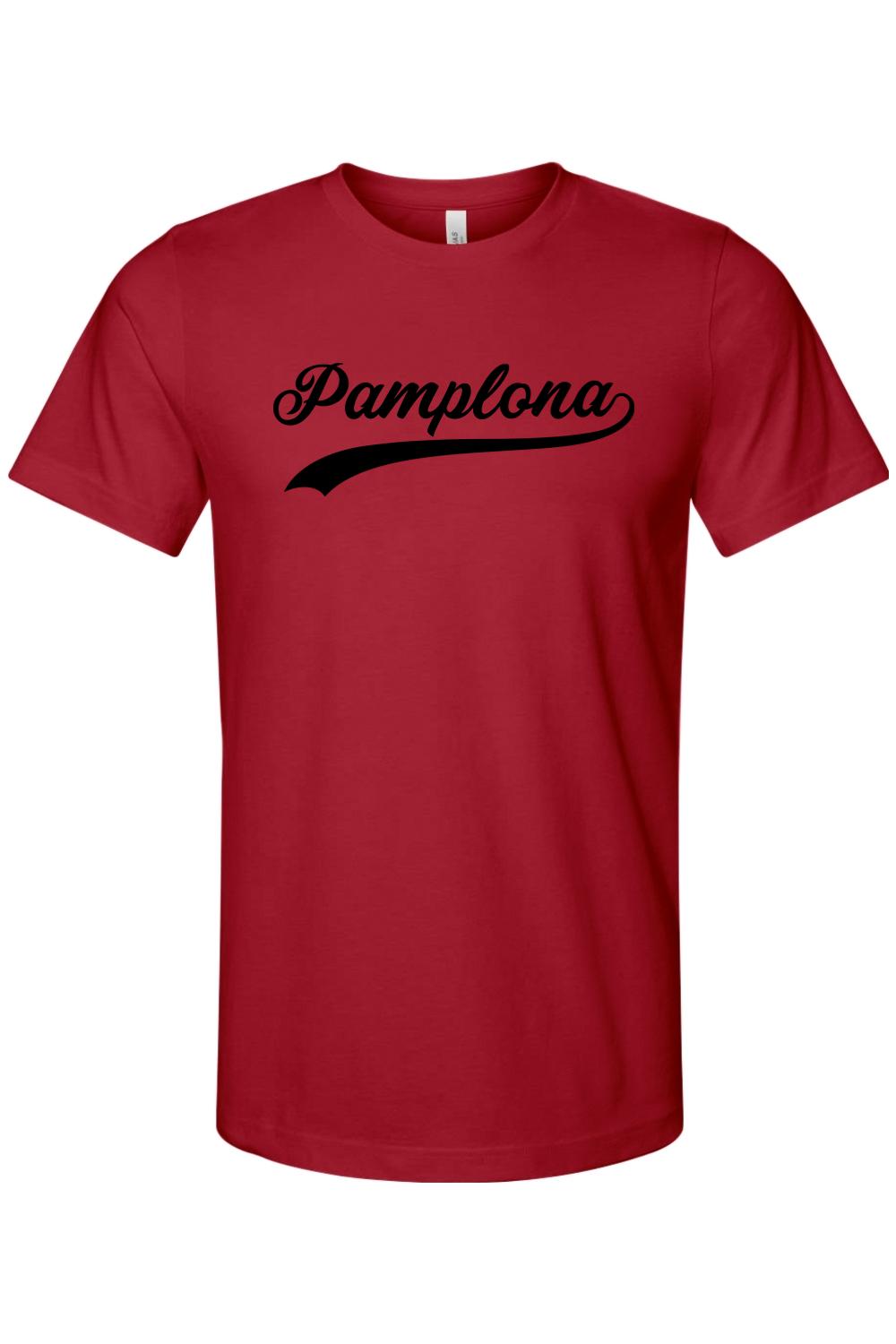 Red short-sleeve cotton t-shirt featuring the word Pamplona in a black cursive script font with an underline.