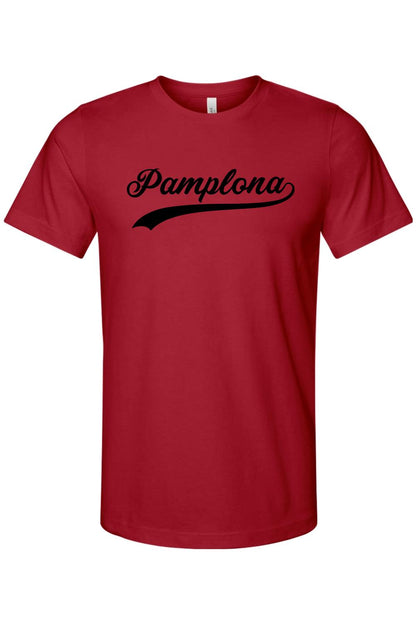 Red short-sleeve cotton t-shirt featuring the word Pamplona in a black cursive script font with an underline.