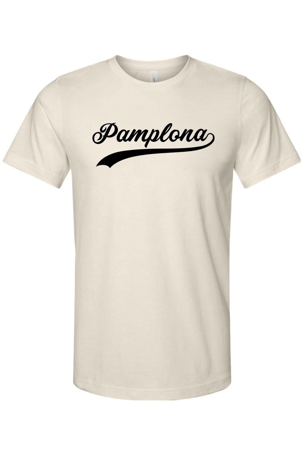Cream-colored cotton crewneck t-shirt featuring the word Pamplona in a black athletic script font.