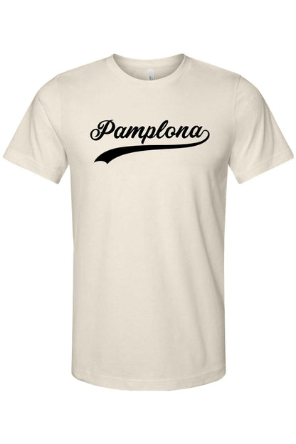 Cream-colored cotton crewneck t-shirt featuring the word Pamplona in a black athletic script font.