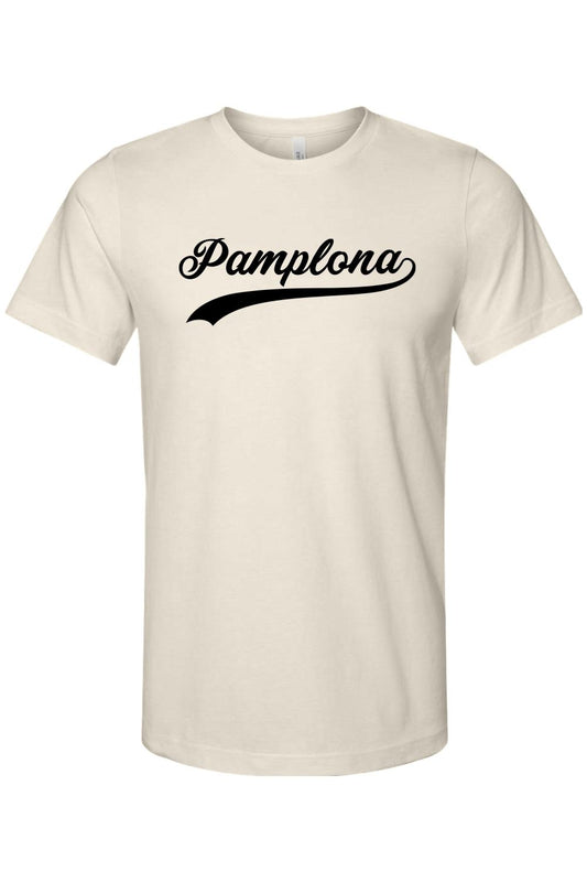 Cream-colored cotton crewneck t-shirt featuring the word Pamplona in a black athletic script font.